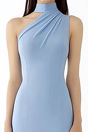 Robe longue de bal de gala en crêpe dos nu bleu clair fourreau